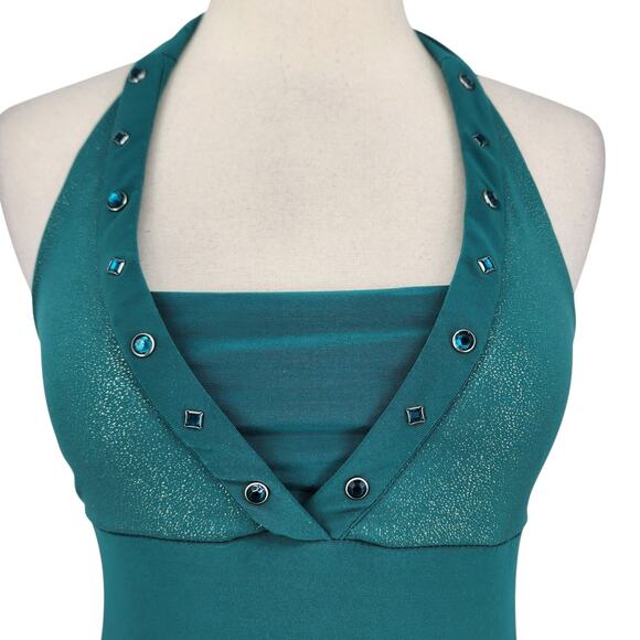 Y2K Fairycore Halter Dress Teal Gold Gem Detail Tiered Handkerchief Hem MED - Picture 2 of 7